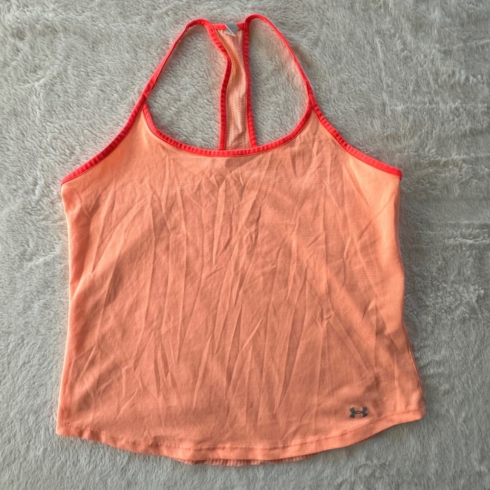 Under Armour HeatGear Womens Racerback Tank Top Orange Neon Coral Fitted Large
